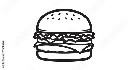 Simple black and white line drawing of a classic cheeseburger