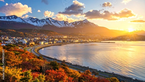 A serene landscape of a town by a large body of water at sunset