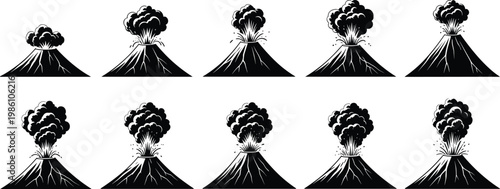 Volcano eruption sequence illustration, black and white volcanic explosion stages, lava plume animation set, geology disaster concept, isolated vector icons