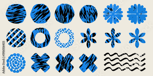 Abstract blue patterns and shapes arranged in a grid formation