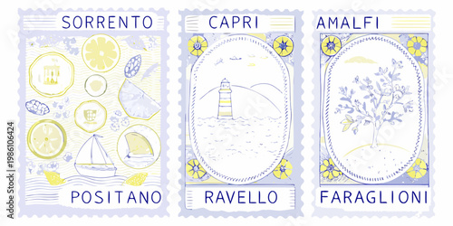 Italian coastal town postcards featuring lemons boats and landmarks