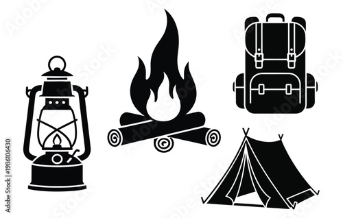 Camping essentials silhouette collection lantern campfire backpack and tent for outdoor adventure
