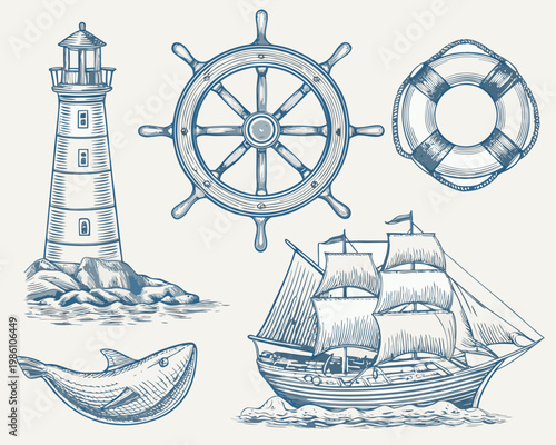 Vintage nautical illustration featuring a lighthouse ship and marine elements