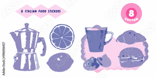 Italian food illustrations coffee lemon glass and cannoli stickers