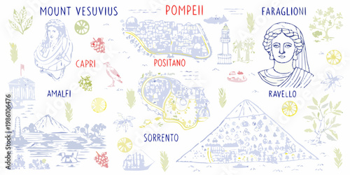 Obraz na płótnie Illustrative map of the bay of naples italy with local landmarks