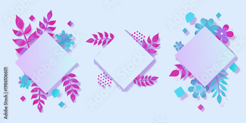 Abstract floral frames with diamond shapes in gradients of pink and blue