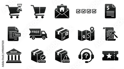 Collection of black and white business icons for commerce and finance