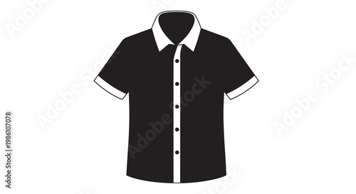 A black and white illustration of a collared short sleeved shirt