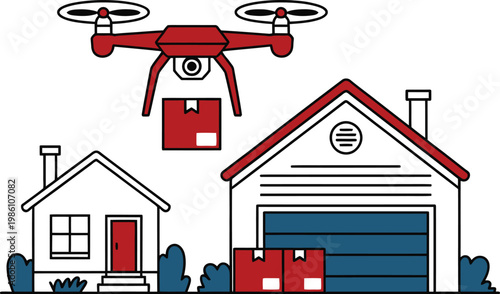 Delivery drone vector illustration, red drone transporting packages to a house and garage, representing modern logistics, smart delivery, and generative AI-driven automation concepts.