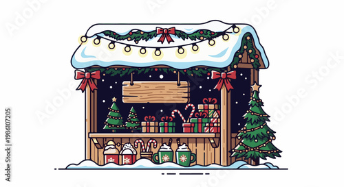 Festive Christmas market stall adorned with snow, lights, and holiday gifts