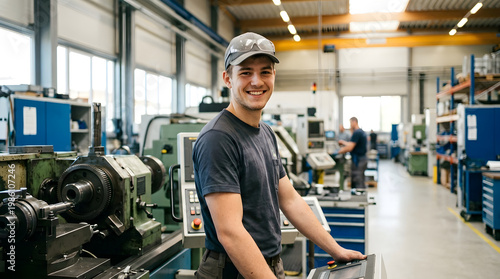 Young man smiling in a machine shop environment
