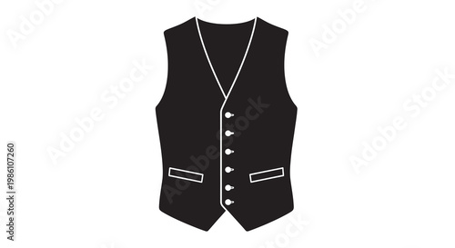 A simple black waistcoat illustration with white outlining and button details