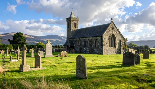 A serene landscape of an old church and graveyard