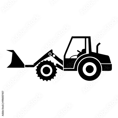 Black tractor with front end loader in silhouette design for construction work. Tractor includes front loader attachment and large rear wheels for agricultural tasks.