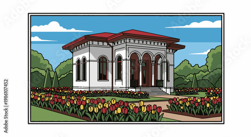 Elegant white building with red-roofed arcade and vibrant tulip garden