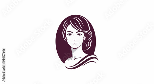 Elegant woman's profile in oval, styled dark hair, graphic illustration