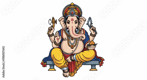 Elephant-headed deity seated in meditation, holding sacred objects