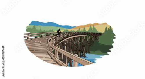 Elevated wooden walkway over water with person and scenic mountainous backdrop