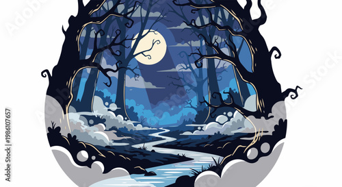 Eerie moonlit forest scene with a winding river and misty clouds