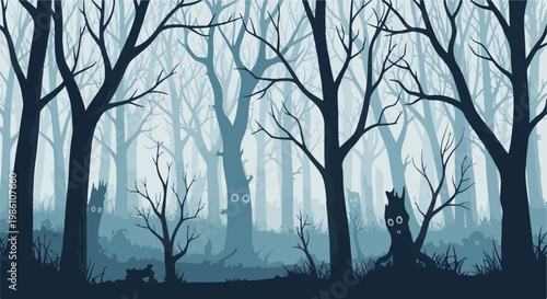 Eerie pixelated forest scene with whimsical, cartoonish tree faces in dim light