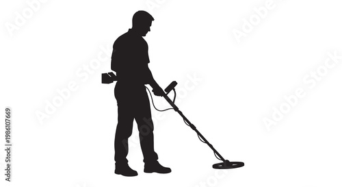 Silhouette of a man using a metal detector on a white background