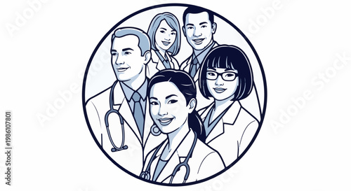 Diverse medical professionals smiling and wearing stethoscopes inside a circle