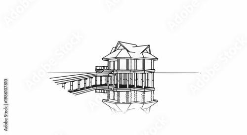Elaborate stilted structure with connecting walkway reflected in calm water