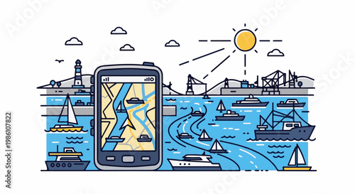 Digital map guides diverse vessels through a sunny coastal harbor