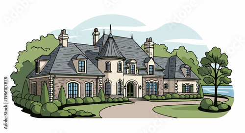 Elaborate stone and cream mansion with turret and gardens