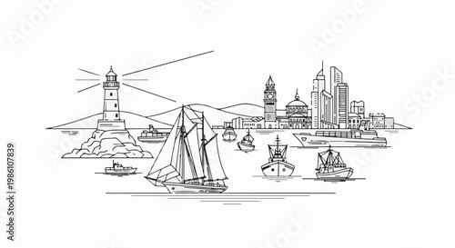 Diverse marine vessels navigate a coastal city skyline with a prominent lighthouse