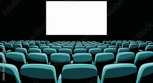 Empty rows of teal seats in a dark theater facing a blank white screen