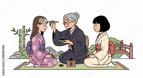 Elder applying makeup to younger person in traditional Japanese garden setting