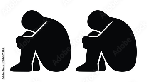 Depressed person silhouette icons, sad lonely figure sitting on floor, mental health and grief concept vector, black human profile symbols