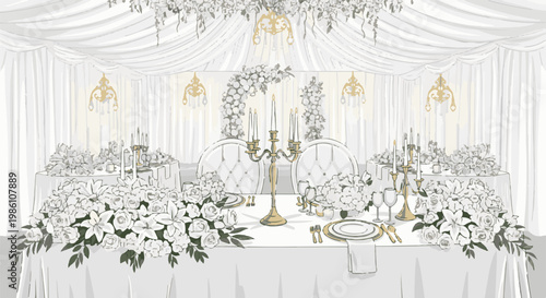 Elaborate wedding reception table setting with abundant white floral arrangements