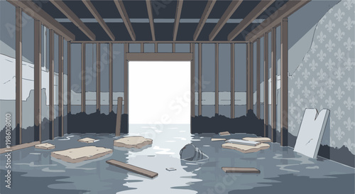 Dilapidated, flooded room with exposed beams, debris, and peeling wallpaper