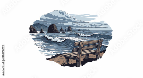 Empty wooden bench on cliff overlooking choppy ocean waves and rock formations