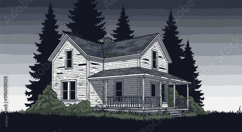 Dilapidated pixel art house in a dark, eerie forest setting