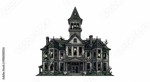 Dilapidated Victorian mansion with a central tower and overgrown vegetation