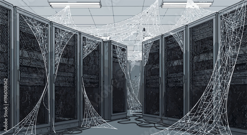 Dilapidated server room with dense spiderwebs obscuring racks and equipment