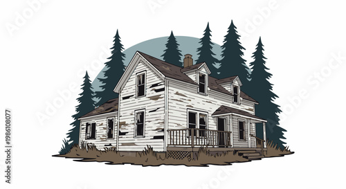 Dilapidated weathered wooden house surrounded by dark evergreen trees