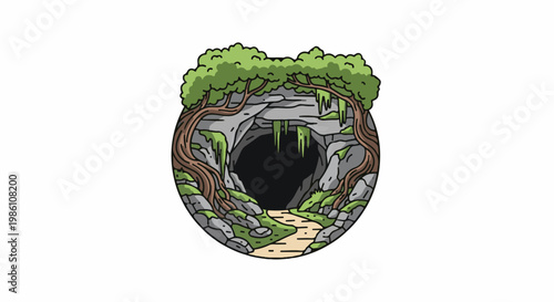 Enchanting forest cave entrance with winding path and ancient trees