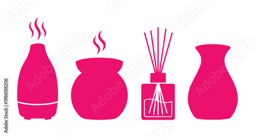 Minimalist pink aromatherapy icons, essential oil diffuser and reed diffuser vector set, modern home fragrance and spa wellness symbols