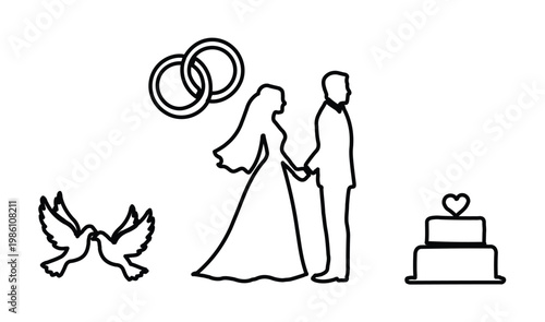 Minimalist wedding line art icons set, elegant bride and groom silhouettes, romantic marriage ceremony symbols with rings and cake, black vector outlines