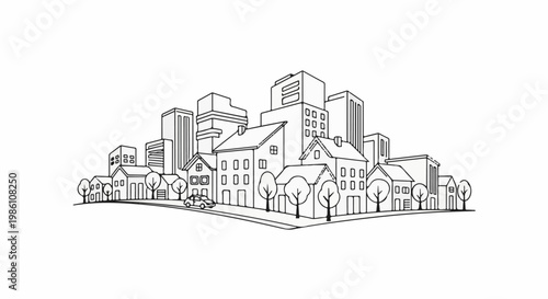 Diverse architectural styles create a charming, linear cityscape with trees and a car