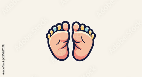 Cute cartoon baby feet with colorful toes on a neutral background