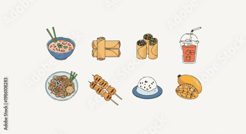 Delicious Asian food and drink illustrations soup, noodles, spring rolls, skewers, rice, mango, beverage