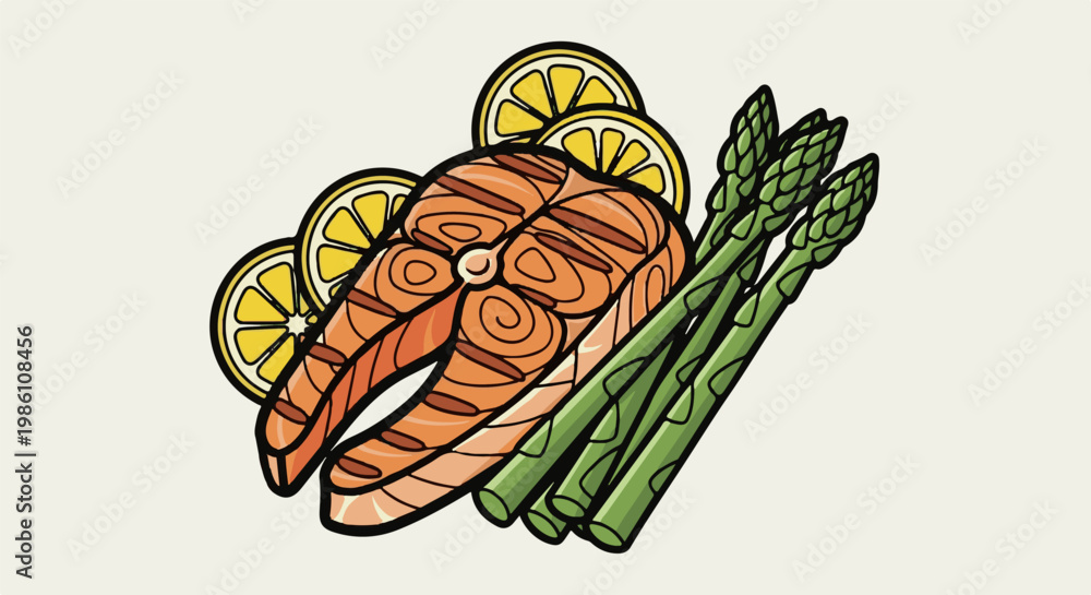 Fototapeta premium Delicious grilled salmon steak with fresh asparagus and lemon slices