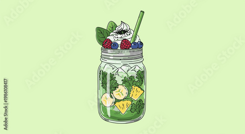 Delicious green smoothie in a jar topped with berries and cream
