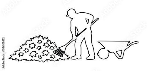 Minimalist gardener line icon, worker raking autumn leaves into pile, professional landscaping and yard maintenance vector illustration