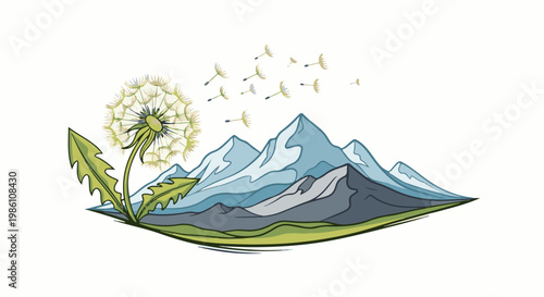 Dandelion seeds drift across a majestic mountain range